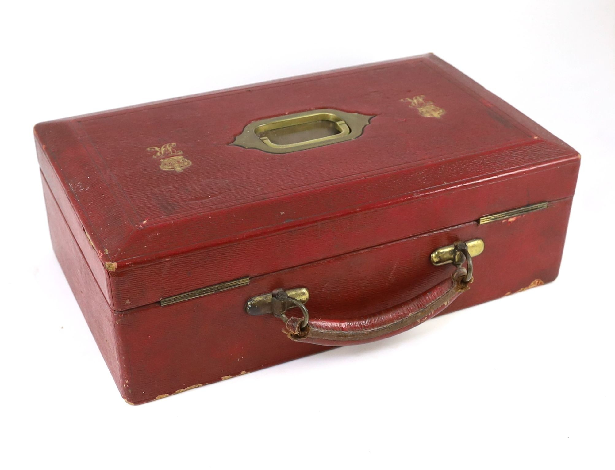 A Victorian red morocco despatch box, formerly the property of the Right Honourable Viscount Cross GCBGCSI, width 46cm, depth 28cm, height 15cm